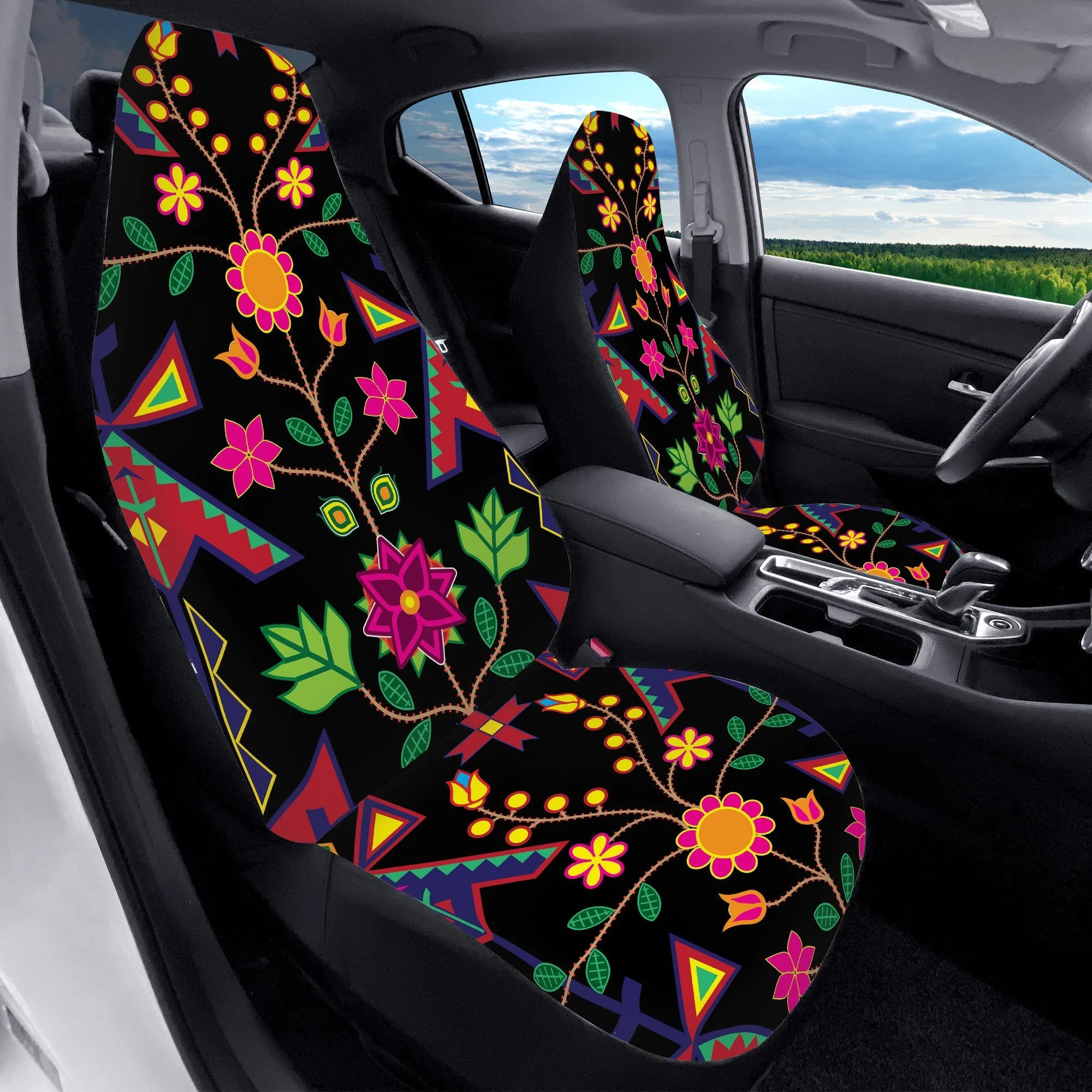 D50 Geometric Floral Spring Black Car Seat Covers