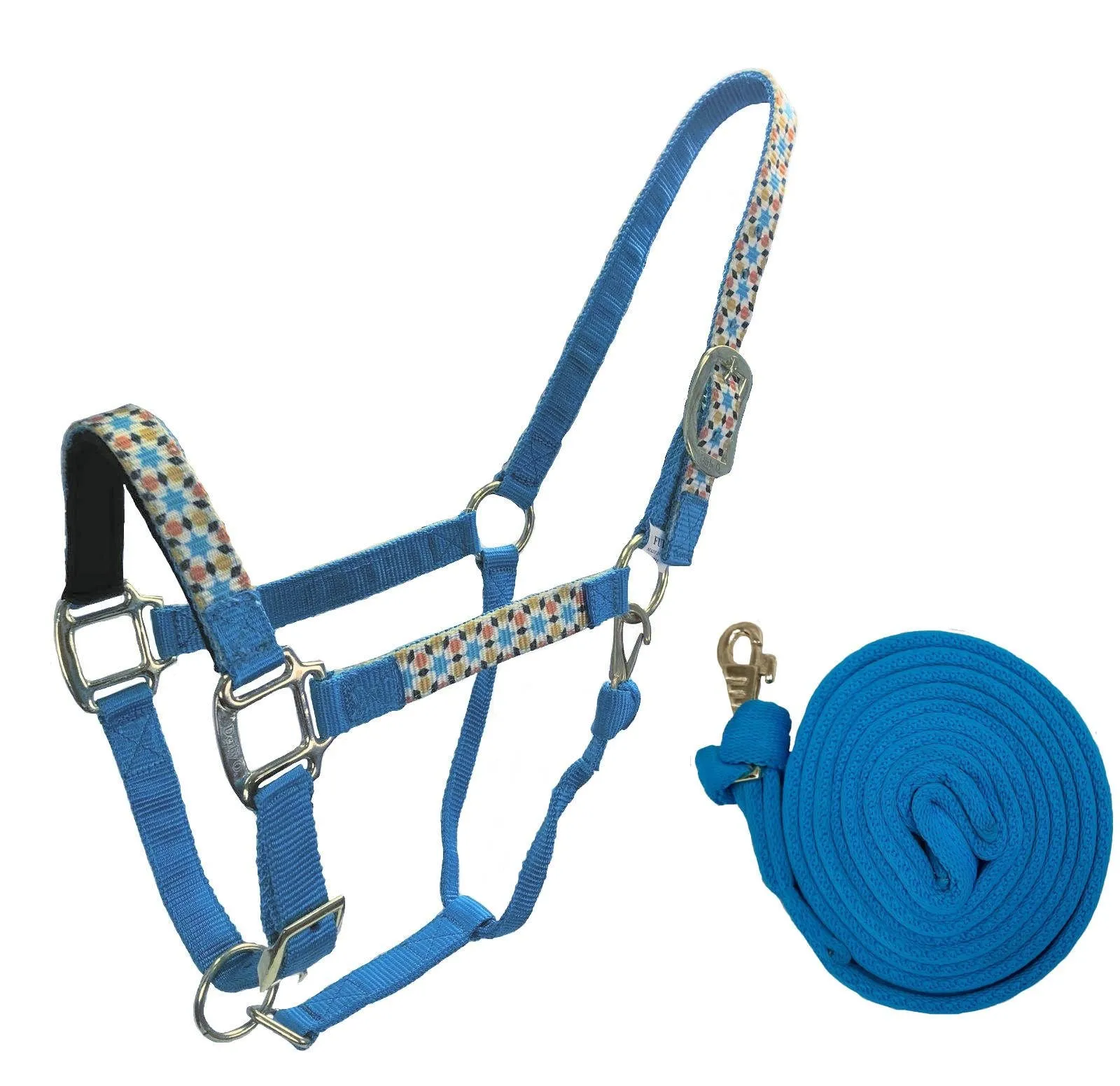 Derby Originals Patterned Nylon Padded Adjustable Horse Halters with Matching 10’ Soft Grip Lead Rope - 6 Month Warranty