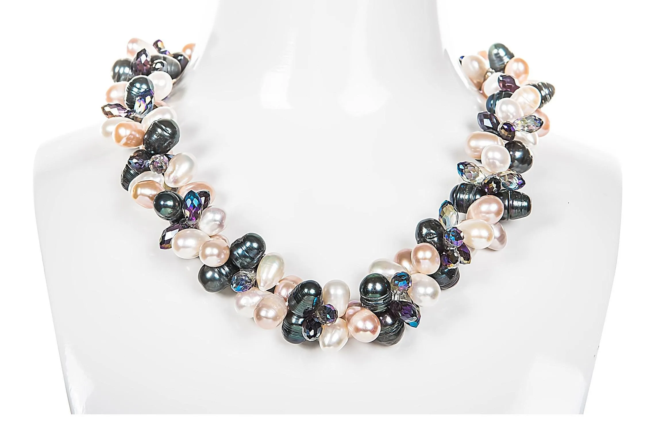 Double Strand Twisted and Crystal Freshwater Pearl Necklace