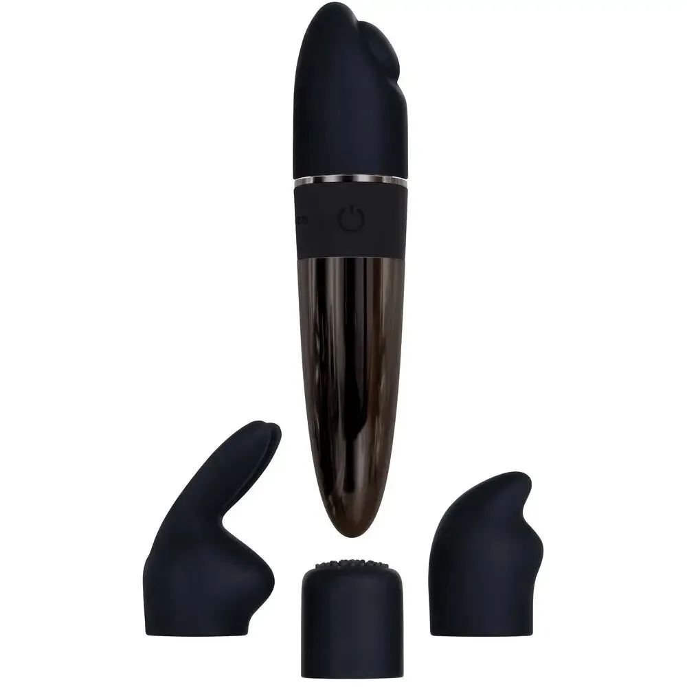 Evolved Silicone Black Rechargeable Mini Vibrator with 3 Attachments