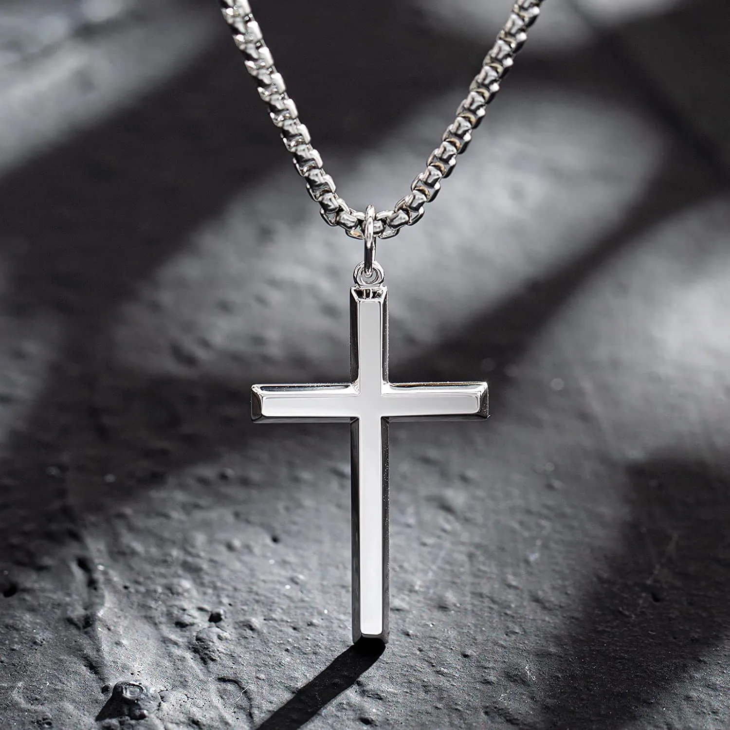 FANCIME Mens Plain Polished Cross Sterling Silver Necklace