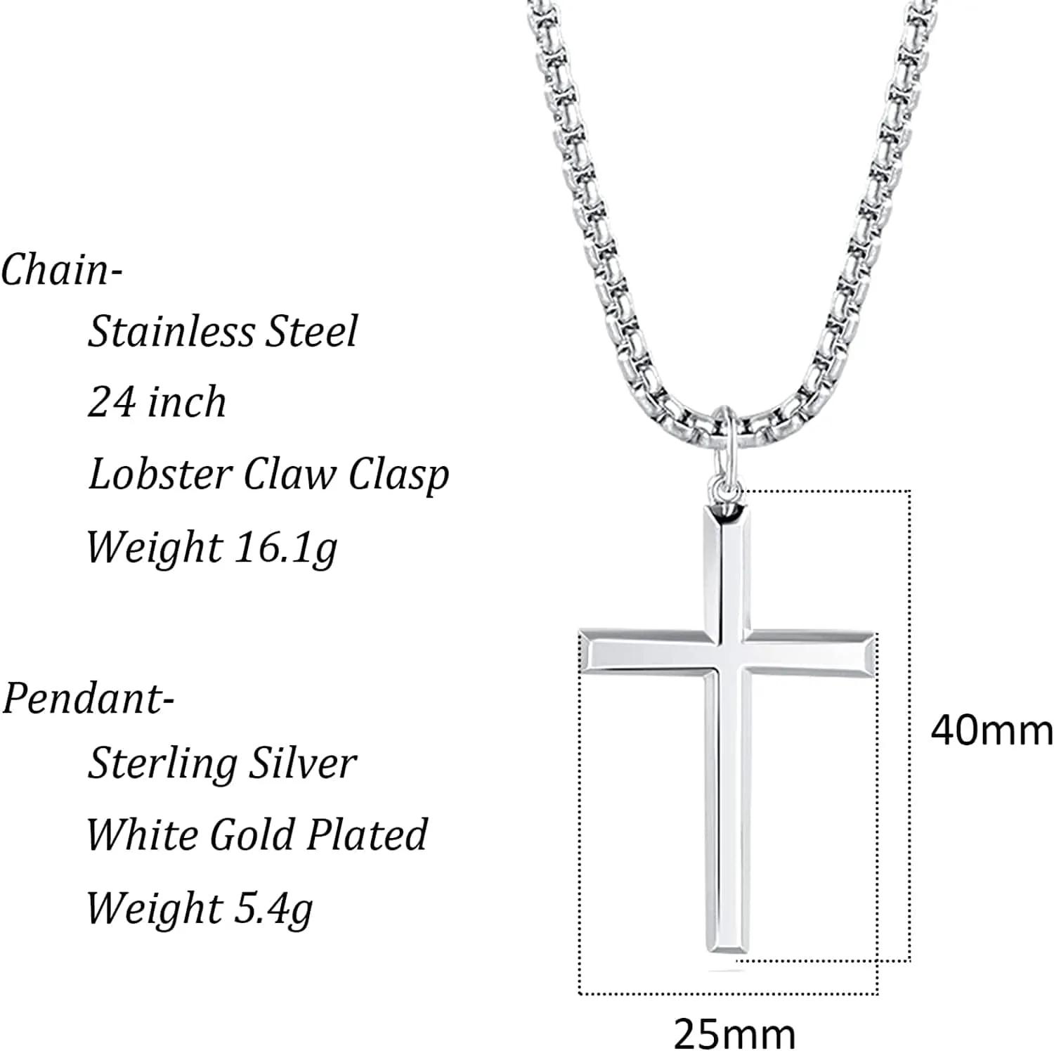 FANCIME Mens Plain Polished Cross Sterling Silver Necklace