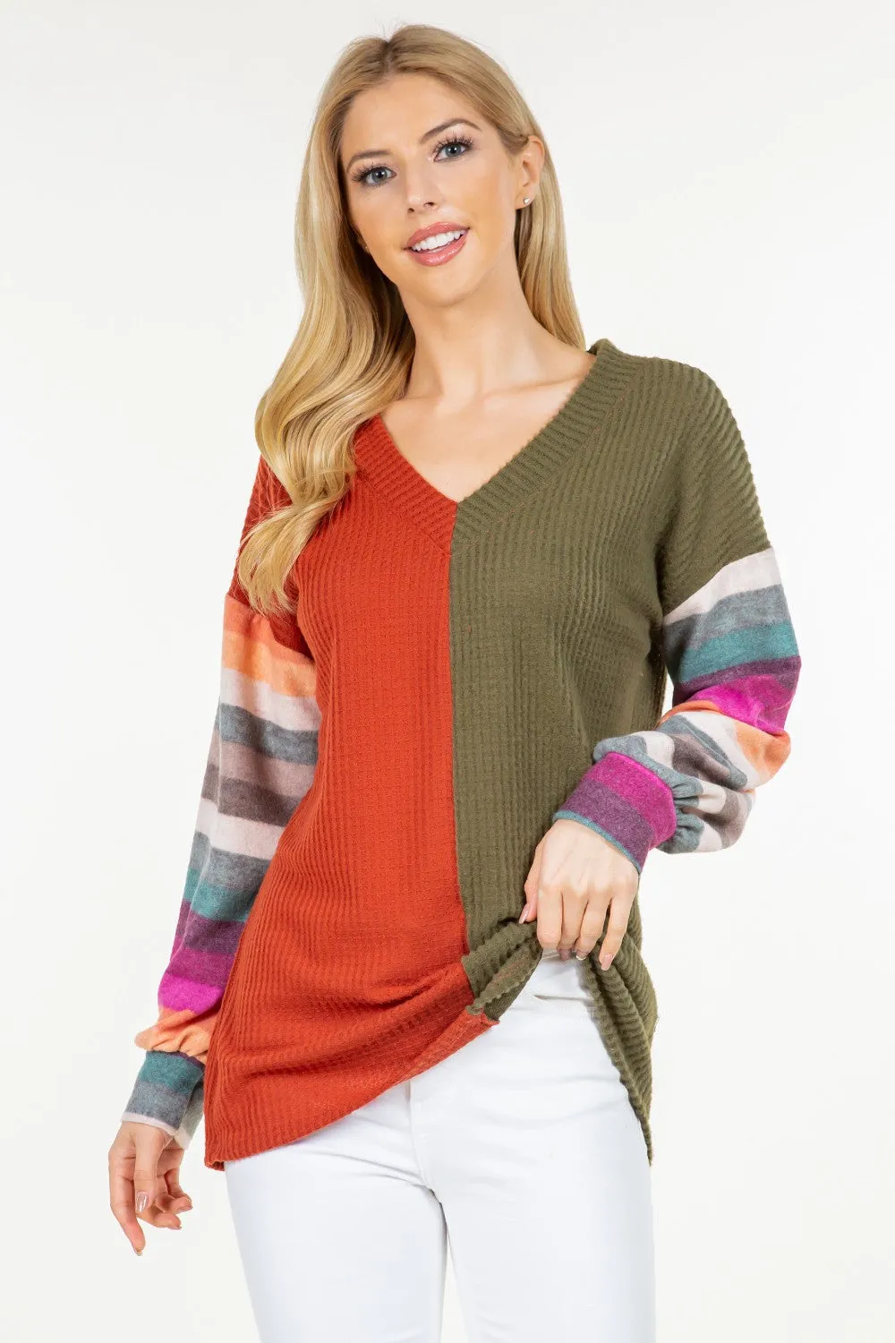 Full Size Contrast Striped V-Neck Long Sleeve Blouse