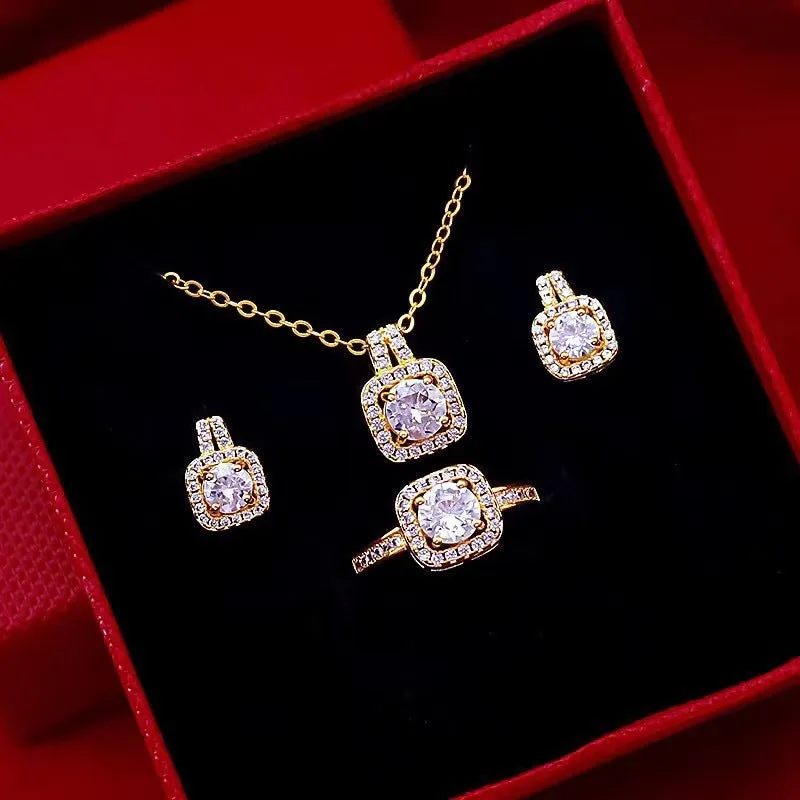 Glamorous Trio: Zircon Gem Fashion Jewelry Set in Gold