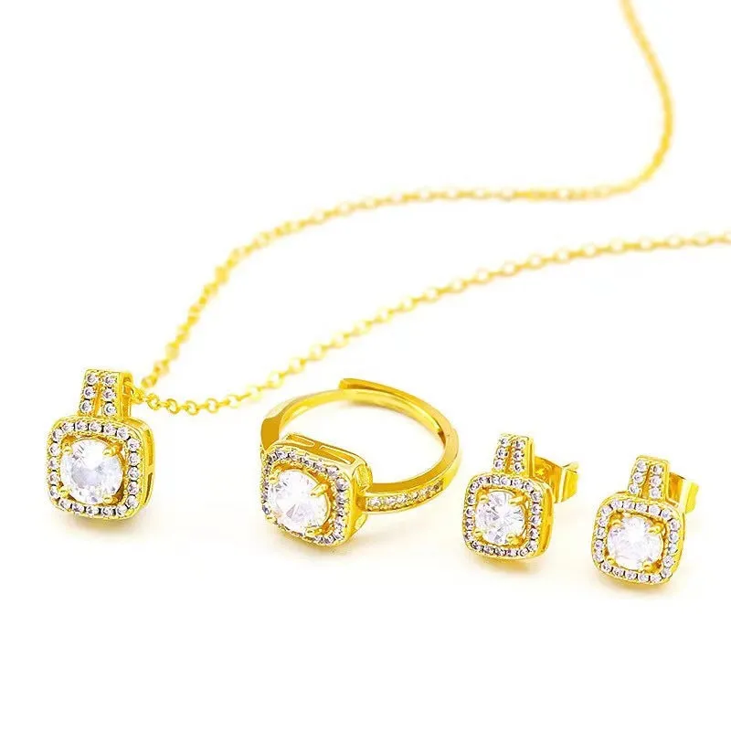 Glamorous Trio: Zircon Gem Fashion Jewelry Set in Gold