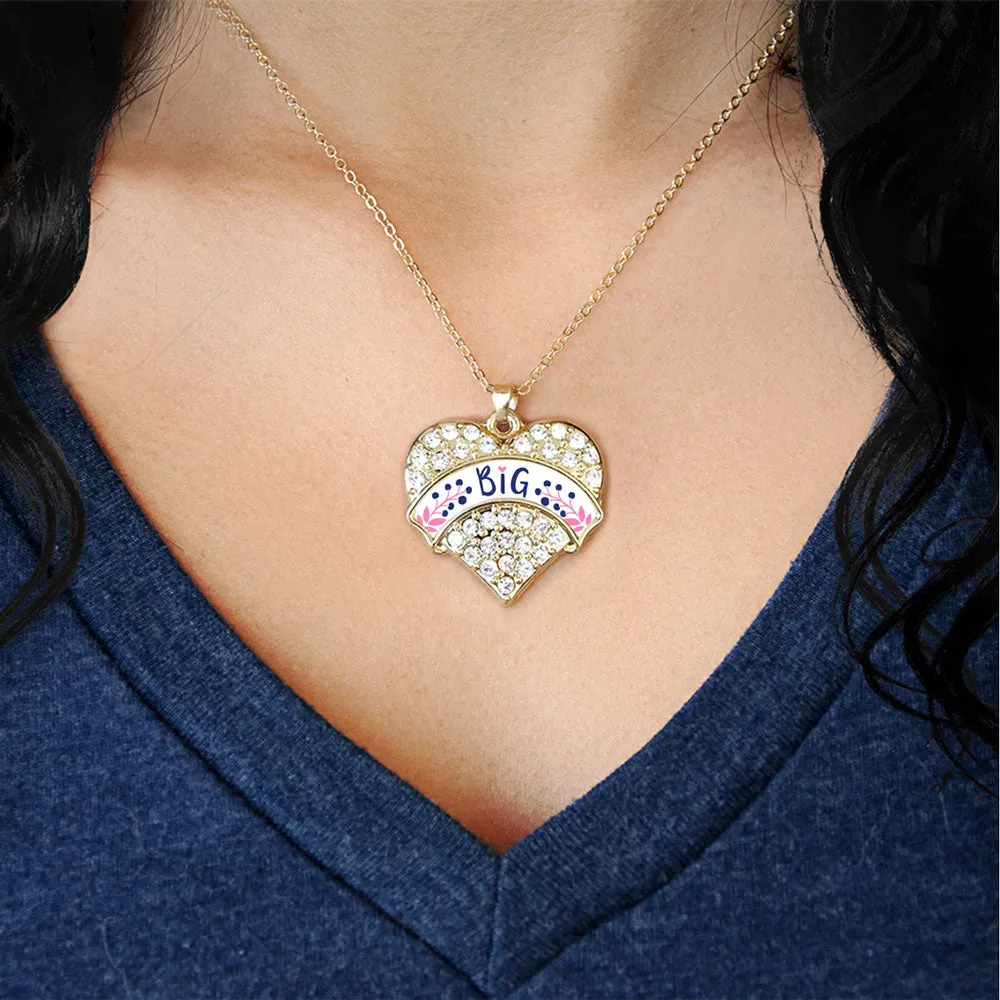 Gold Navy Blue and Rose Big Pave Heart Charm Classic Necklace