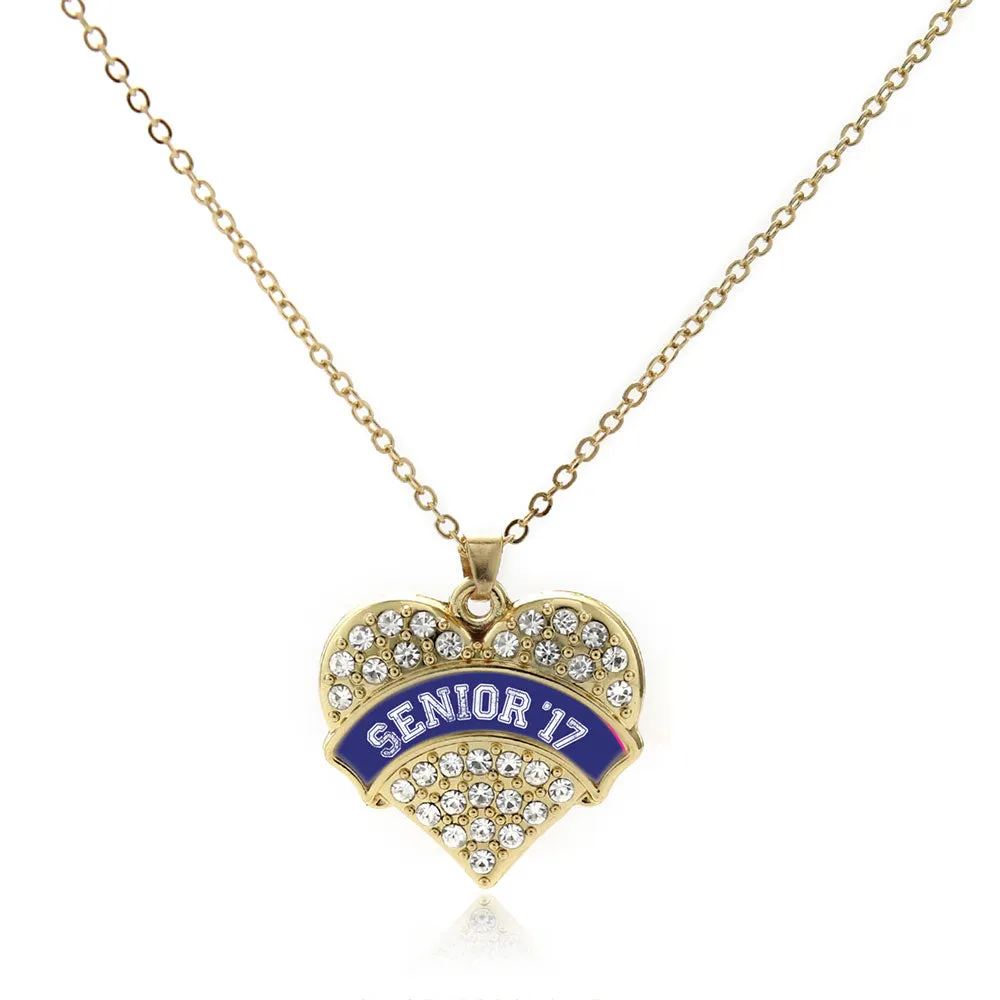 Gold Navy Blue Senior 2017 Pave Heart Charm Classic Necklace