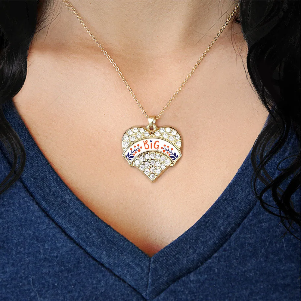 Gold Orange and Navy Blue Big Pave Heart Charm Classic Necklace