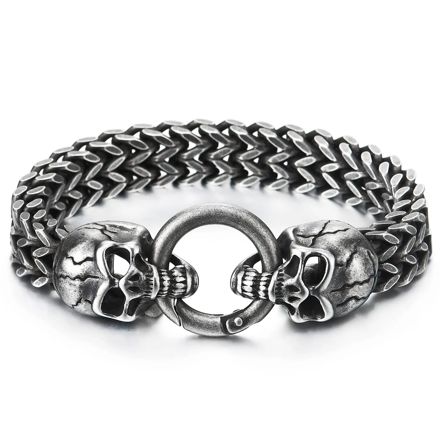 Gothic Mens Stainless Steel Skull Franco Link Curb Chain Bracelet with Spring Ring Clasp 8.5 Inches