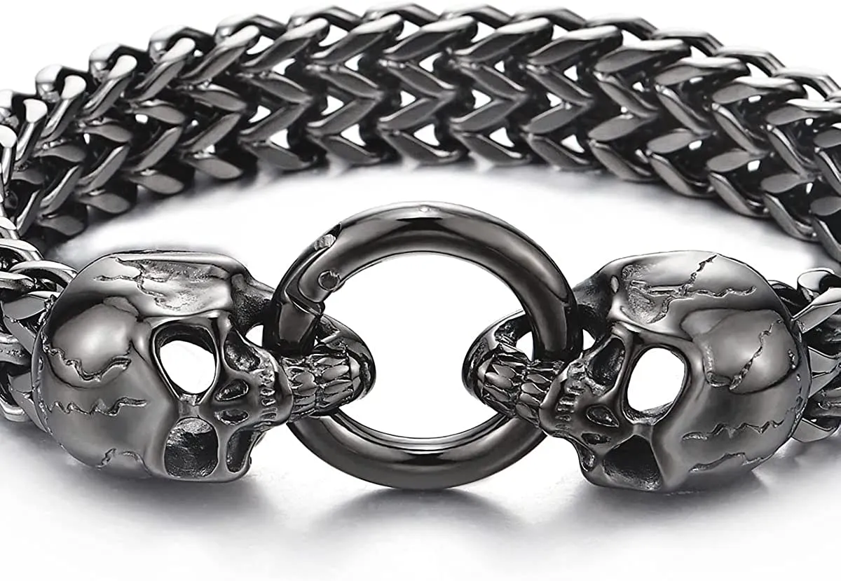 Gothic Mens Stainless Steel Skull Franco Link Curb Chain Bracelet with Spring Ring Clasp 8.5 Inches