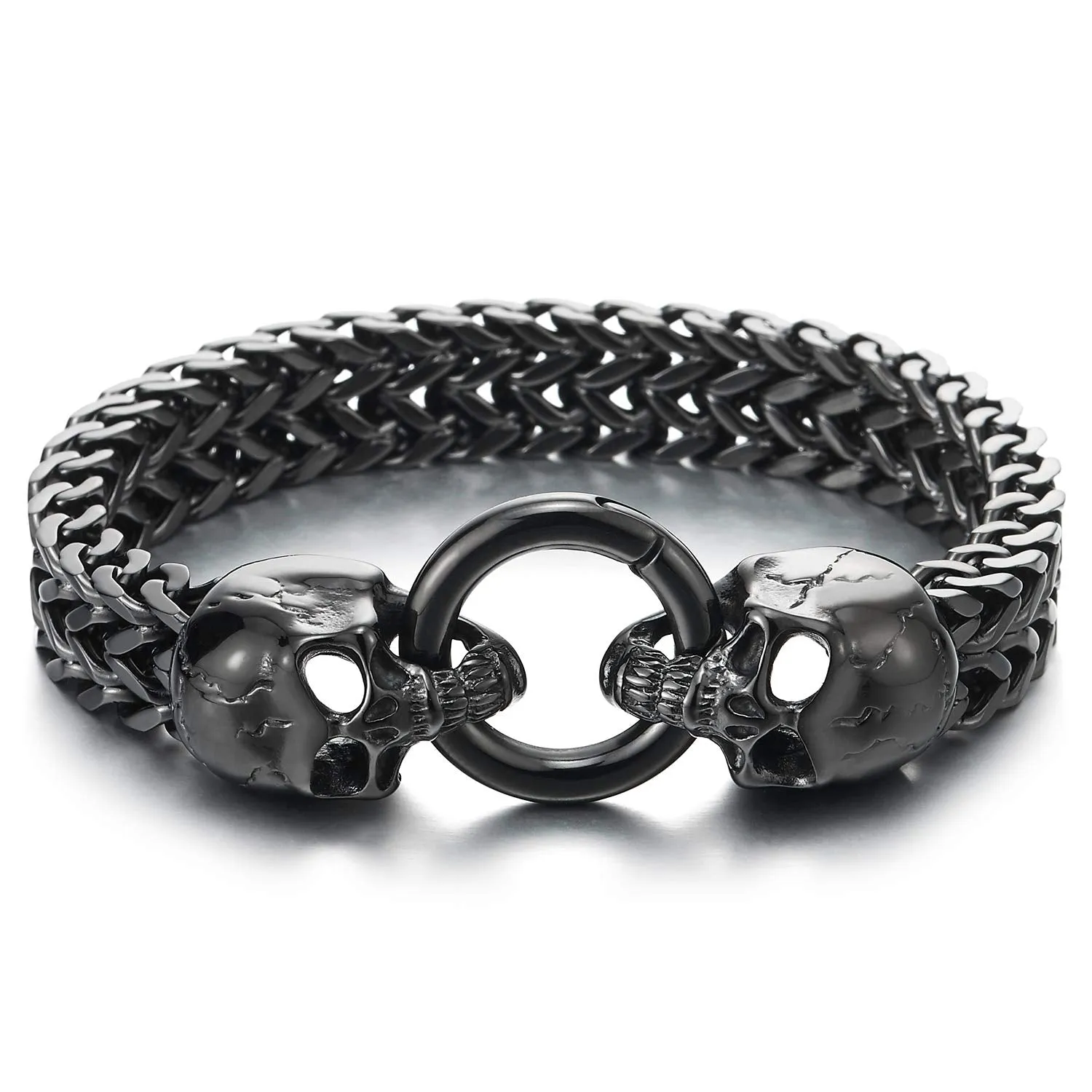 Gothic Mens Stainless Steel Skull Franco Link Curb Chain Bracelet with Spring Ring Clasp 8.5 Inches