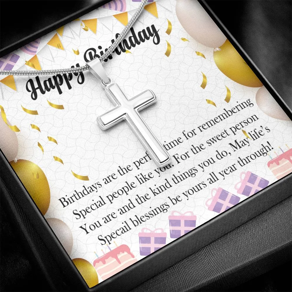 Happy Birthday Stainless Cross Necklace w/ MC