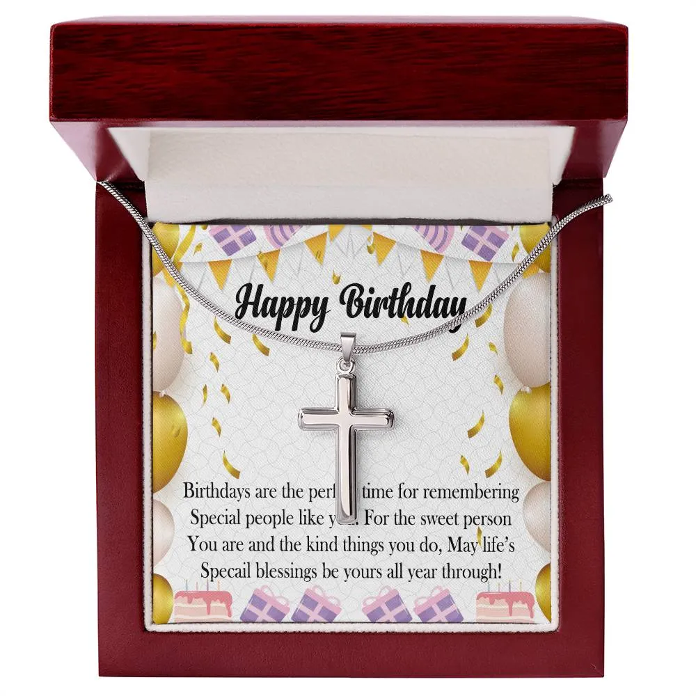 Happy Birthday Stainless Cross Necklace w/ MC