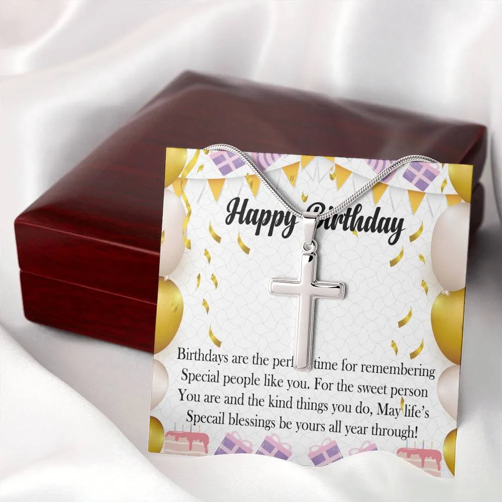 Happy Birthday Stainless Cross Necklace w/ MC