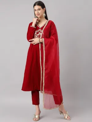 Jashvi Maroon Solid Valvet hand work Kurta pant With Organza Dupatta set