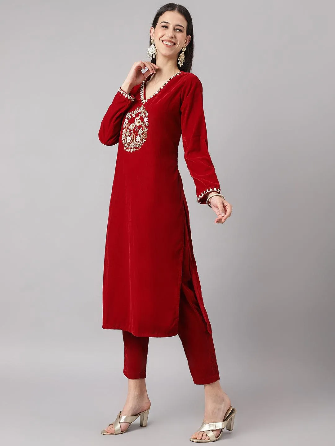 Jashvi Maroon Solid Valvet hand work Kurta pant With Organza Dupatta set