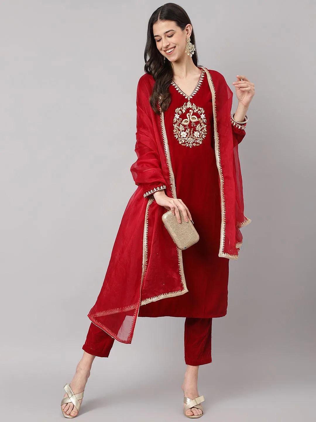 Jashvi Maroon Solid Valvet hand work Kurta pant With Organza Dupatta set