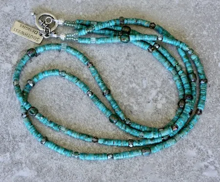 Kingman Turquoise Heishi 2-Strand Necklace with 6 Styles of Czech Glass and a Sterling Silver Toggle Clasp