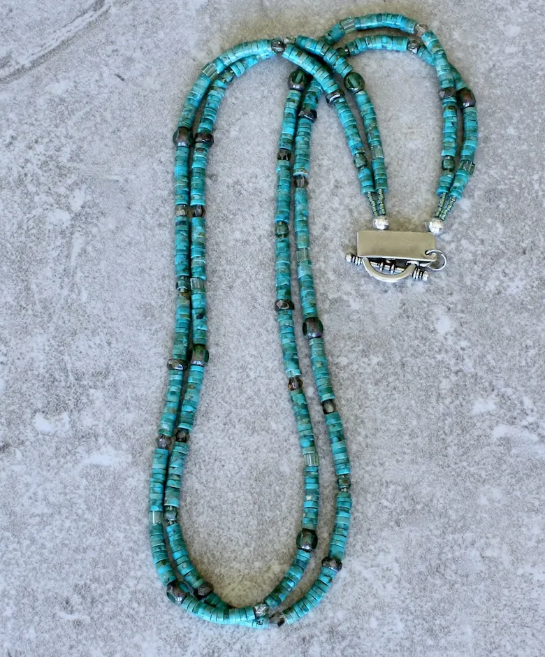 Kingman Turquoise Heishi 2-Strand Necklace with 6 Styles of Czech Glass and a Sterling Silver Toggle Clasp