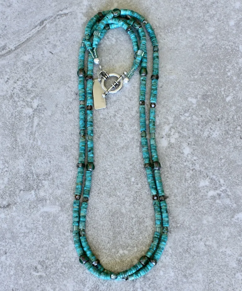 Kingman Turquoise Heishi 2-Strand Necklace with 6 Styles of Czech Glass and a Sterling Silver Toggle Clasp