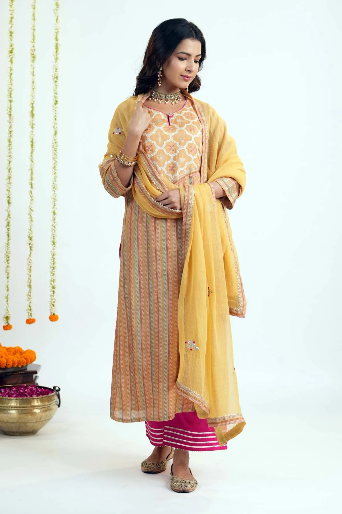 Light Orange Kotadoriya Dupatta With Gota Work