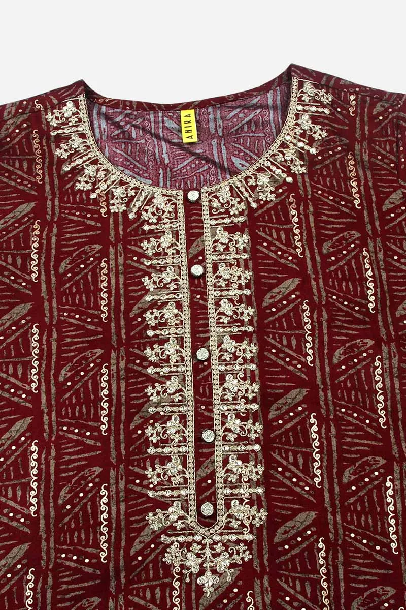 Maroon Silk Blend Ethnic Motifs Embroidered Straight Kurta