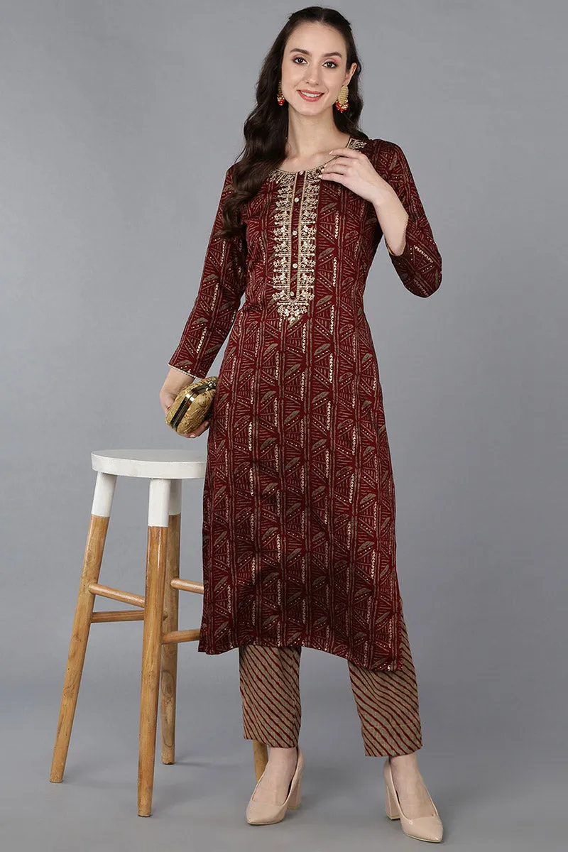 Maroon Silk Blend Ethnic Motifs Embroidered Straight Kurta