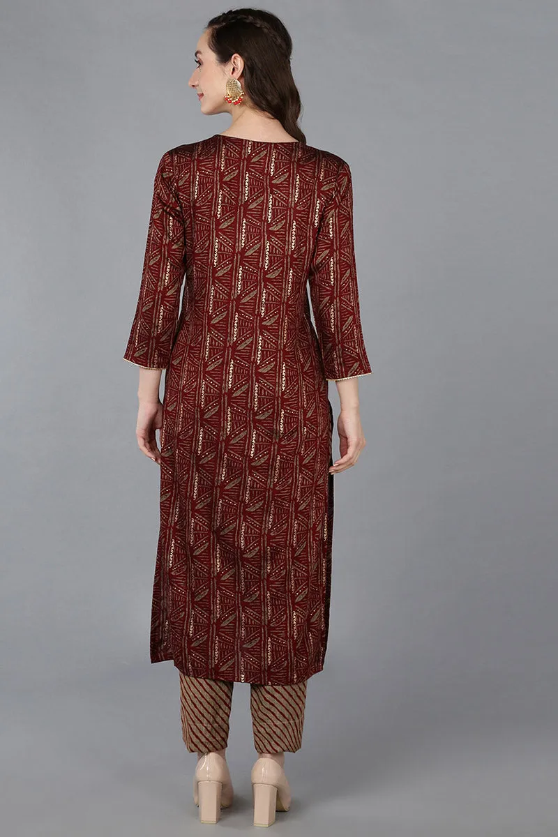 Maroon Silk Blend Ethnic Motifs Embroidered Straight Kurta