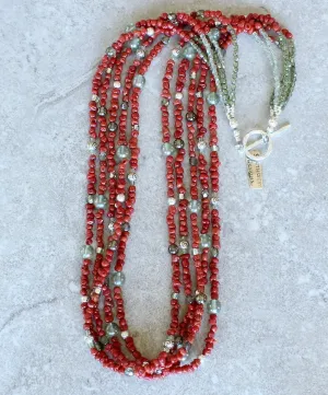 Mediterranean Coral 5-Strand Necklace with Czech Glass and Sterling Silver Beads & Toggle Clasp