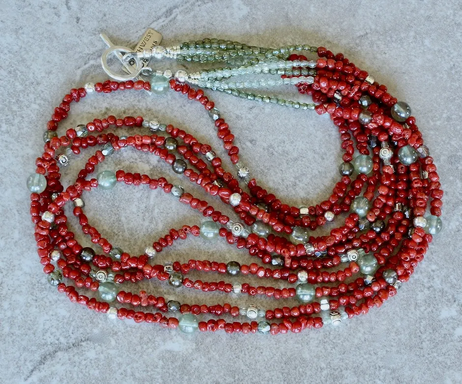 Mediterranean Coral 5-Strand Necklace with Czech Glass and Sterling Silver Beads & Toggle Clasp