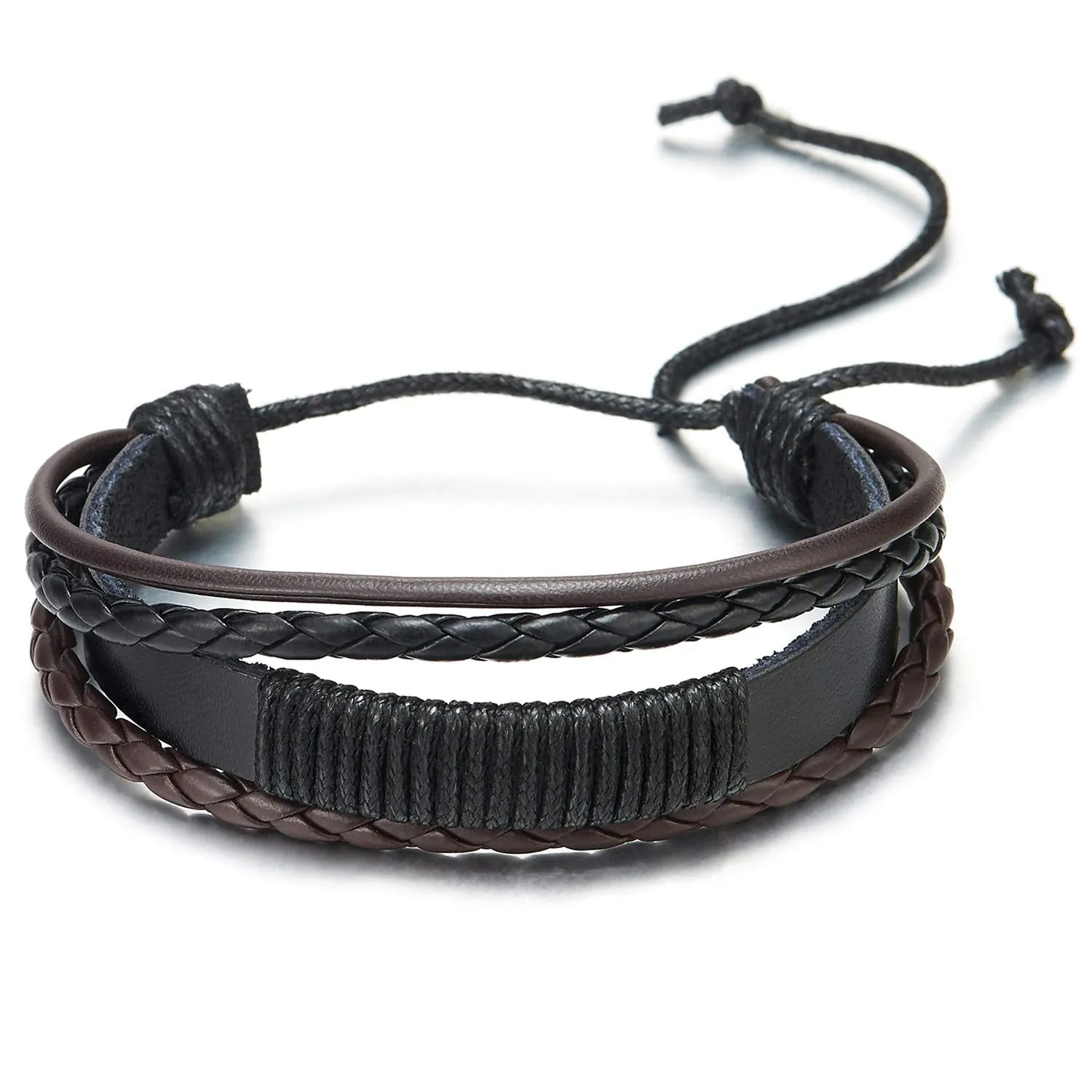 Men Women Multi-Strand Black Brown Braided Leather Wrap Bracelet with Black Cotton Rope, Adjustable