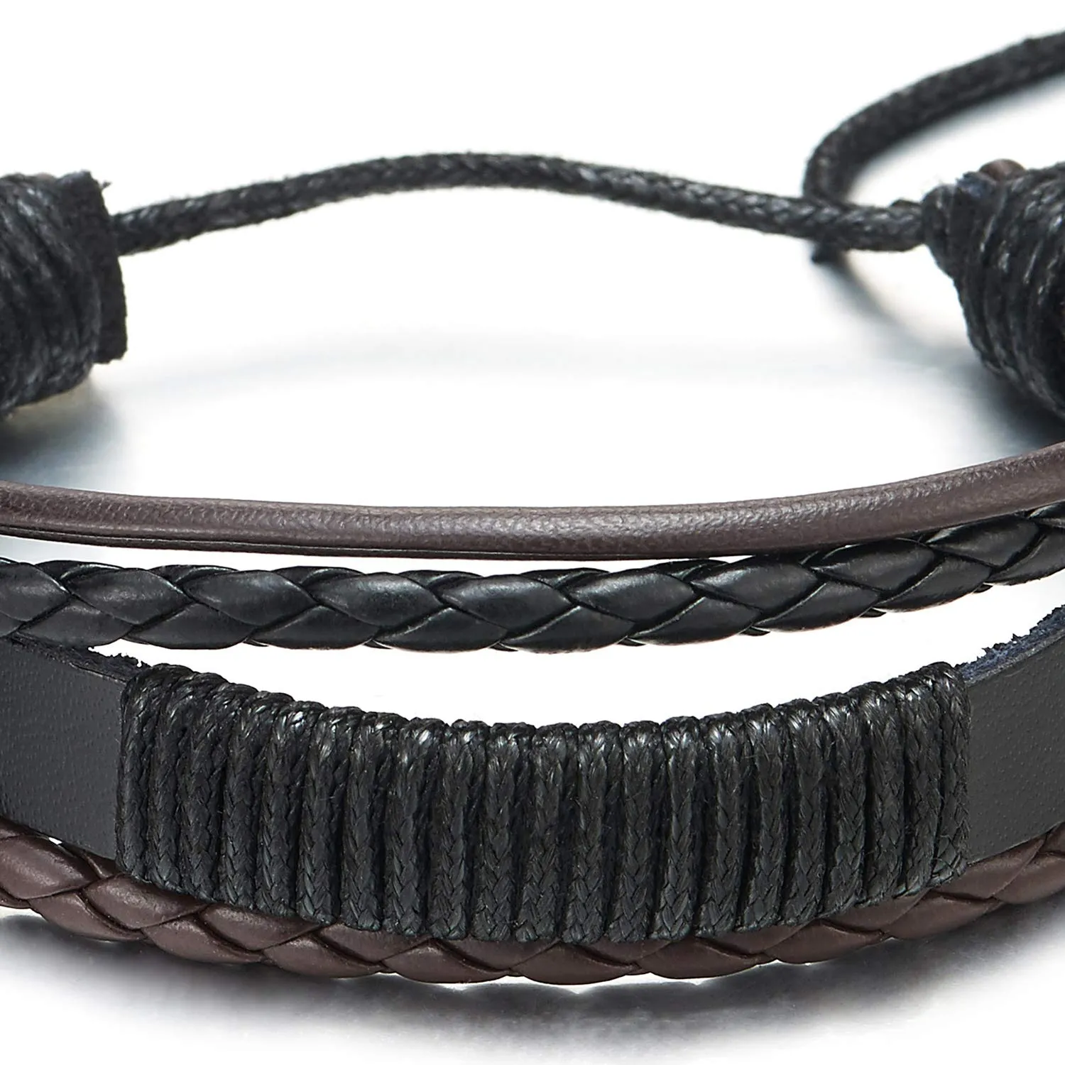 Men Women Multi-Strand Black Brown Braided Leather Wrap Bracelet with Black Cotton Rope, Adjustable