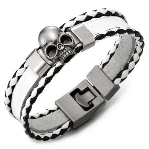 Men Women Skull Charm Three-Strand White Black Braided Leather Bracelet Wristband Wrap Bracelet