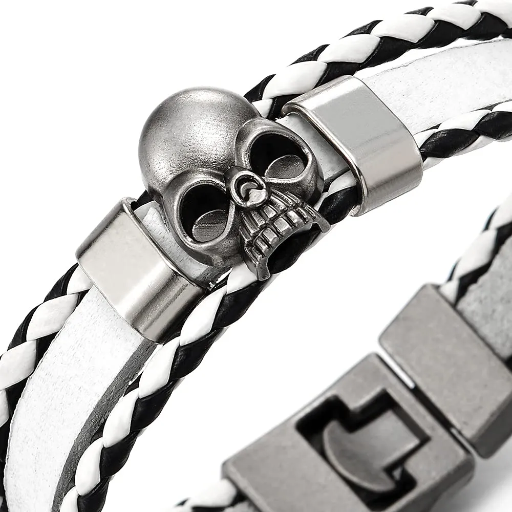 Men Women Skull Charm Three-Strand White Black Braided Leather Bracelet Wristband Wrap Bracelet