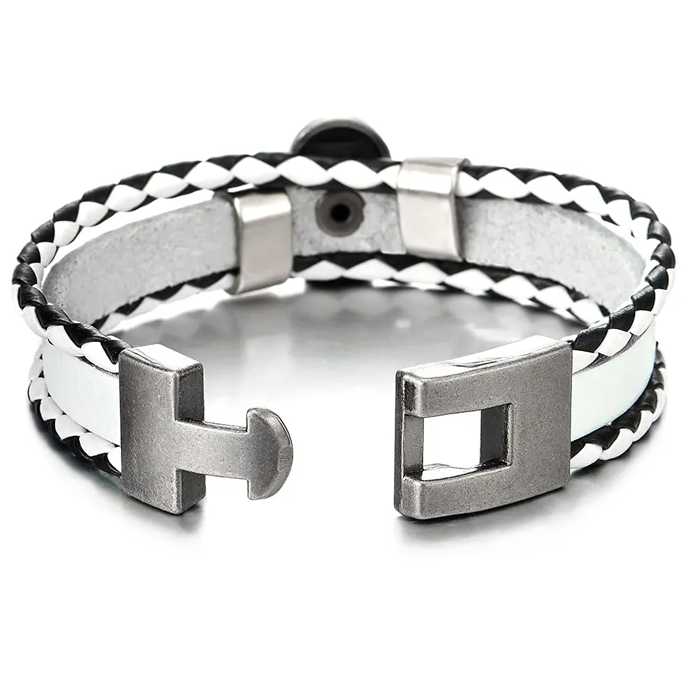 Men Women Skull Charm Three-Strand White Black Braided Leather Bracelet Wristband Wrap Bracelet