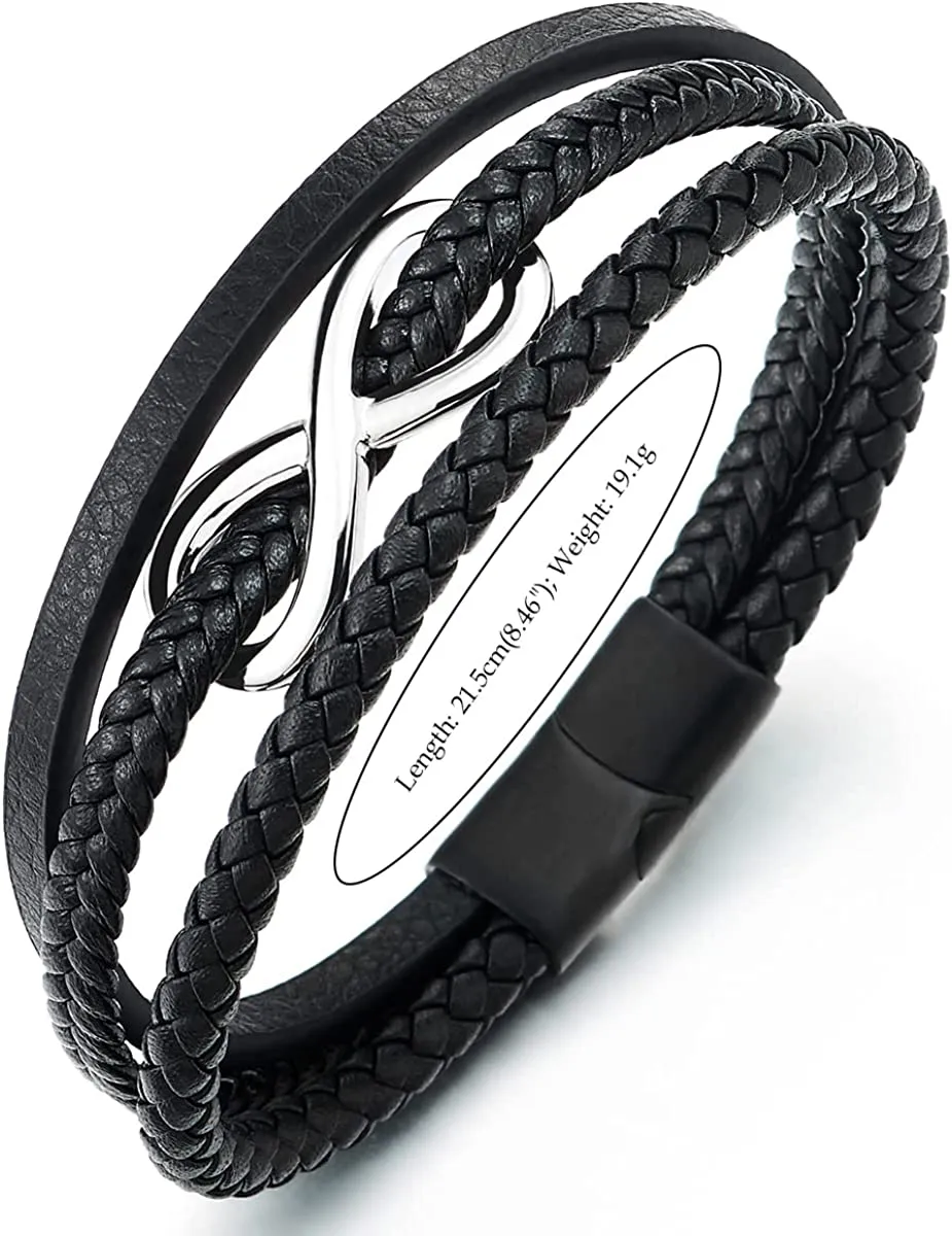 Men Women Steel Infinity Love Number 8 Friendship Bracelet Three-Strand Black Braided Leather Bangle