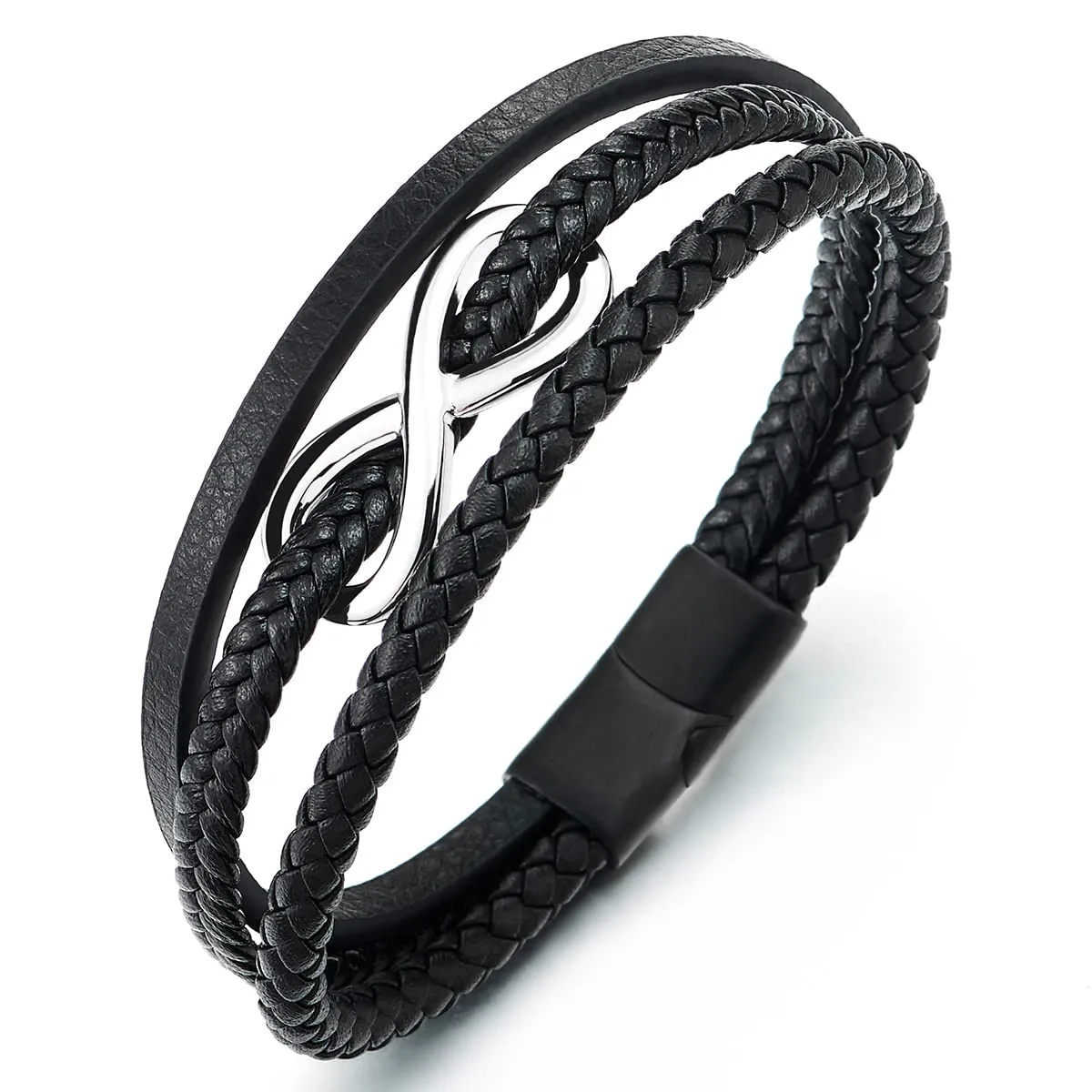 Men Women Steel Infinity Love Number 8 Friendship Bracelet Three-Strand Black Braided Leather Bangle