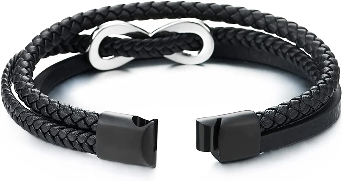 Men Women Steel Infinity Love Number 8 Friendship Bracelet Three-Strand Black Braided Leather Bangle