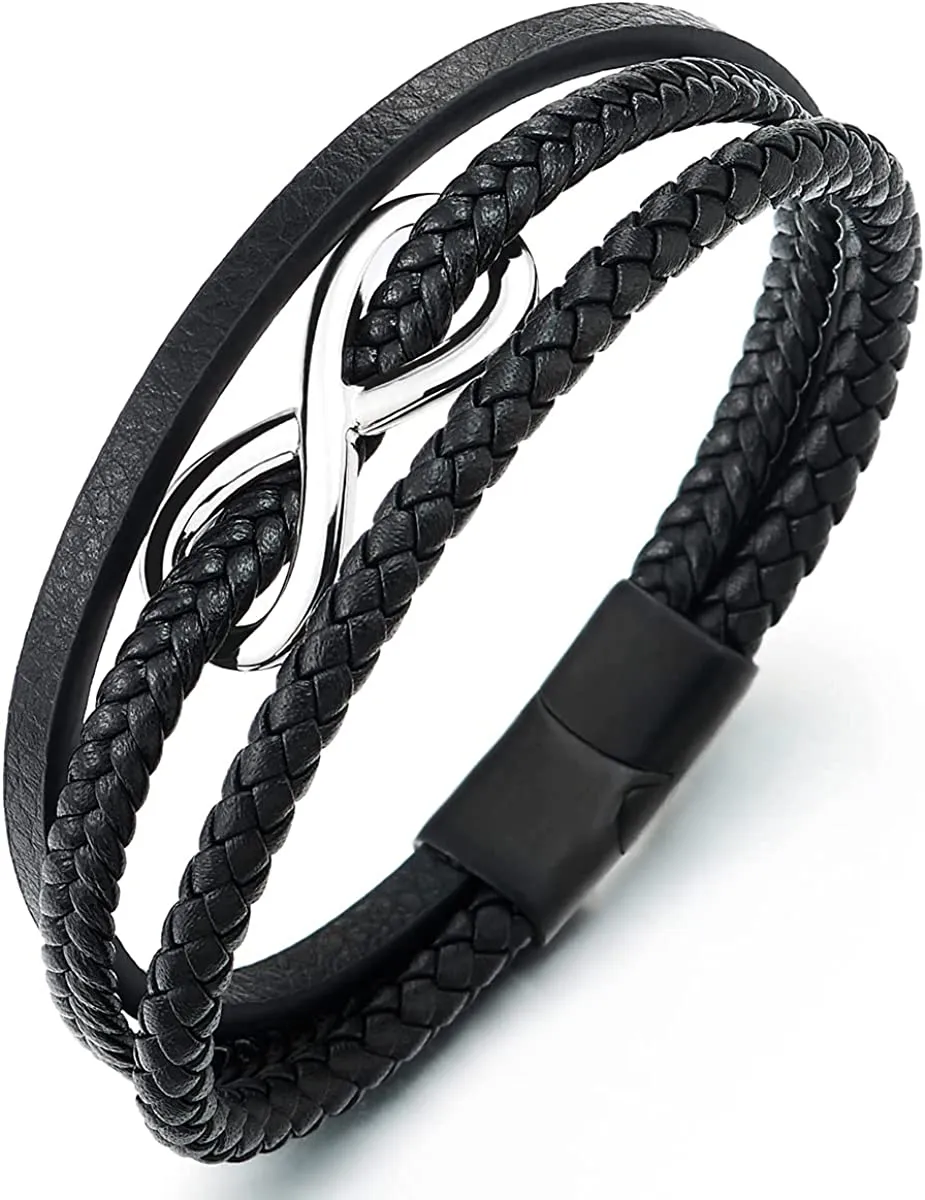 Men Women Steel Infinity Love Number 8 Friendship Bracelet Three-Strand Black Braided Leather Bangle