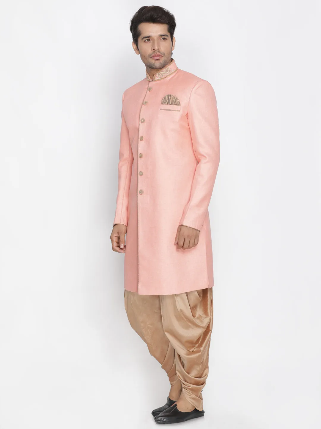 Men's Pink Jute Cotton Blend Sherwani Set