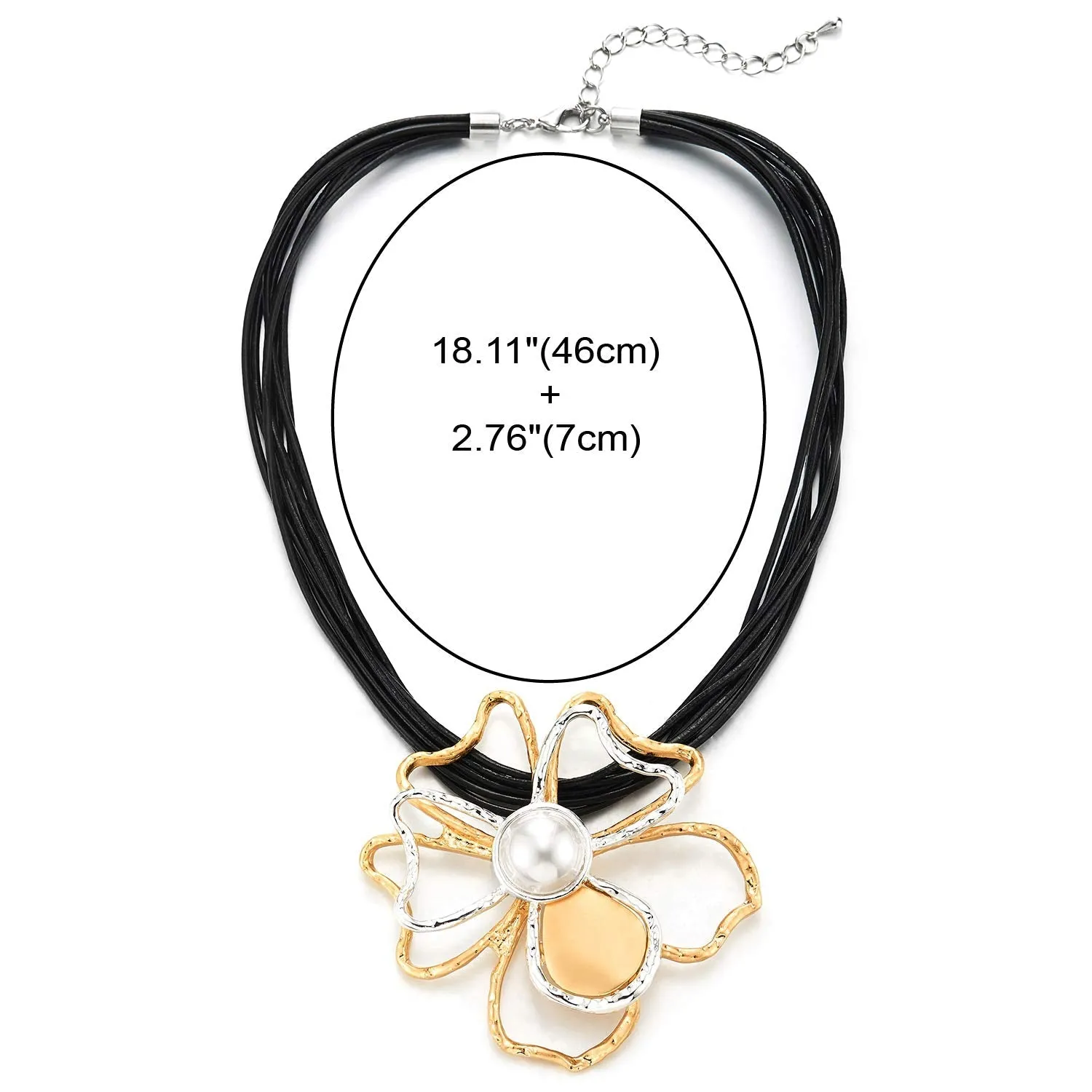 Multi-strand Black Leather Rope Statement Necklace Pearl Silver Gold Wire Flower Camellia Charm