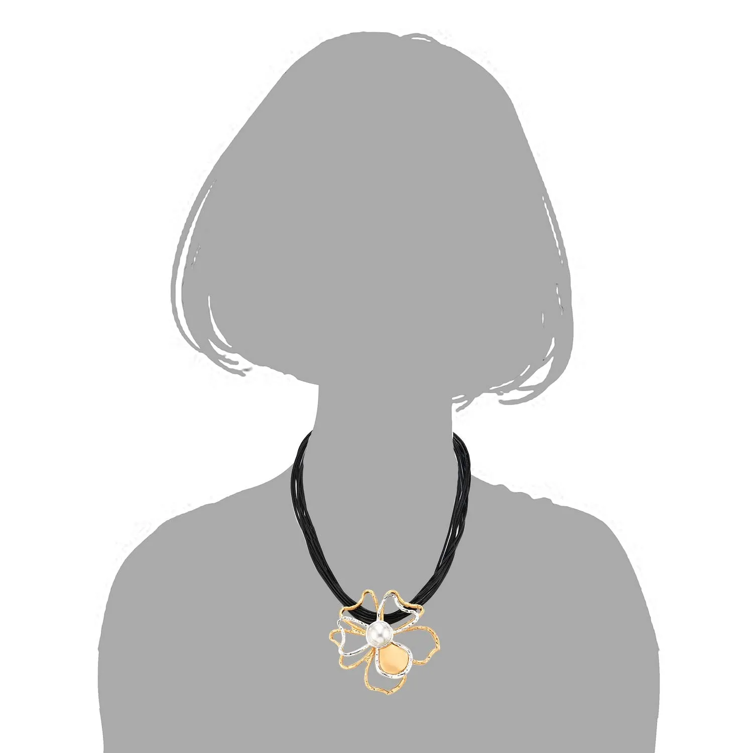 Multi-strand Black Leather Rope Statement Necklace Pearl Silver Gold Wire Flower Camellia Charm