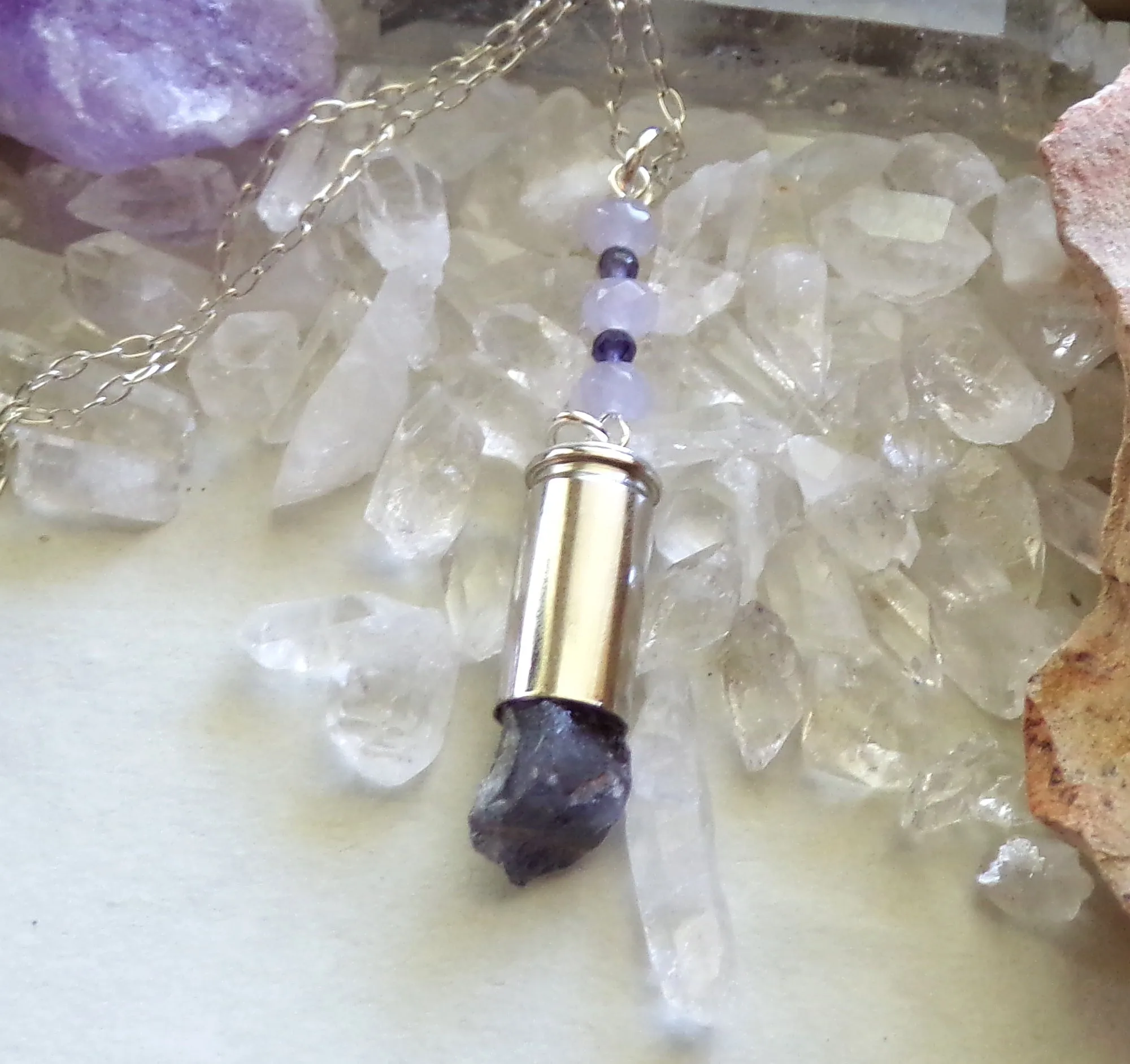 Natural Blue Iolite Gemstone Crystal Bullet Pendant Necklace