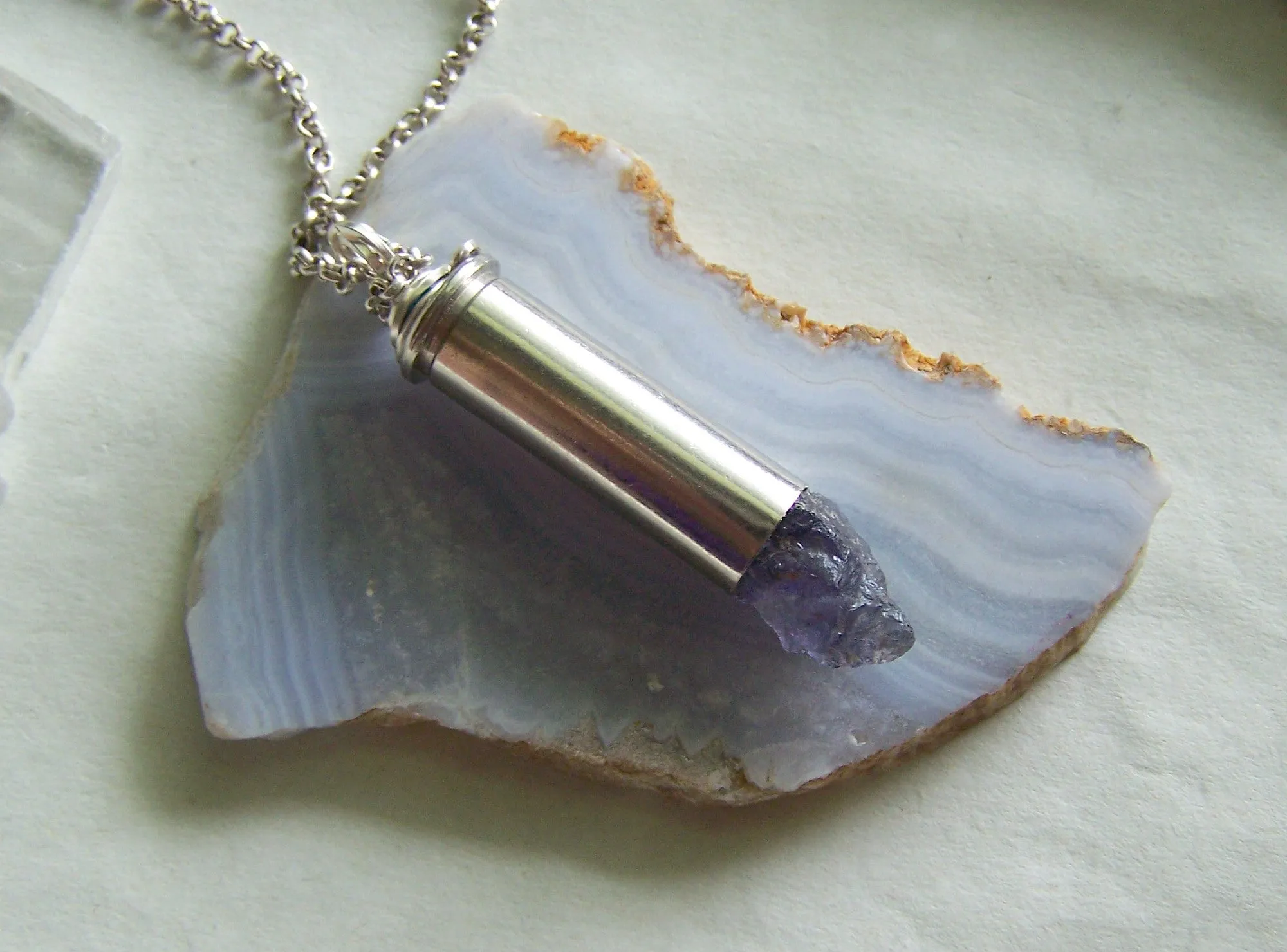 Natural Iolite Indigo Gemstone Crystal Bullet Pendant Necklace