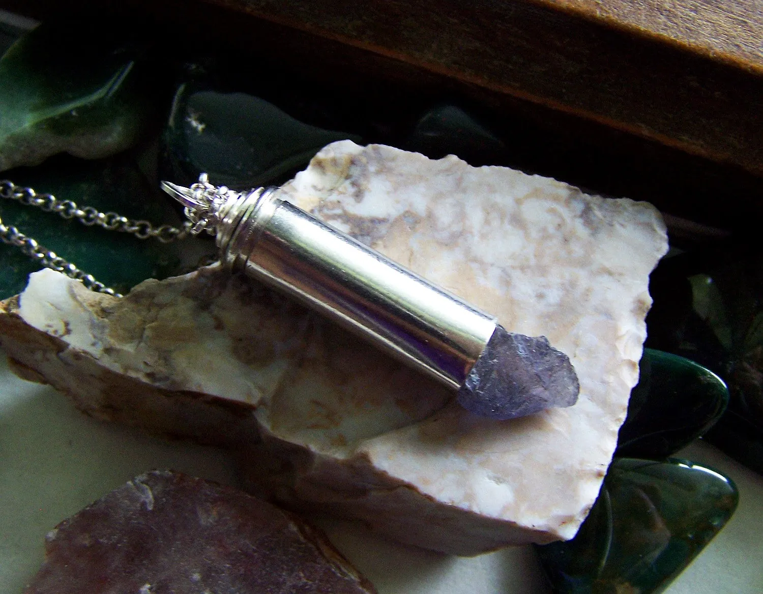 Natural Iolite Indigo Gemstone Crystal Bullet Pendant Necklace