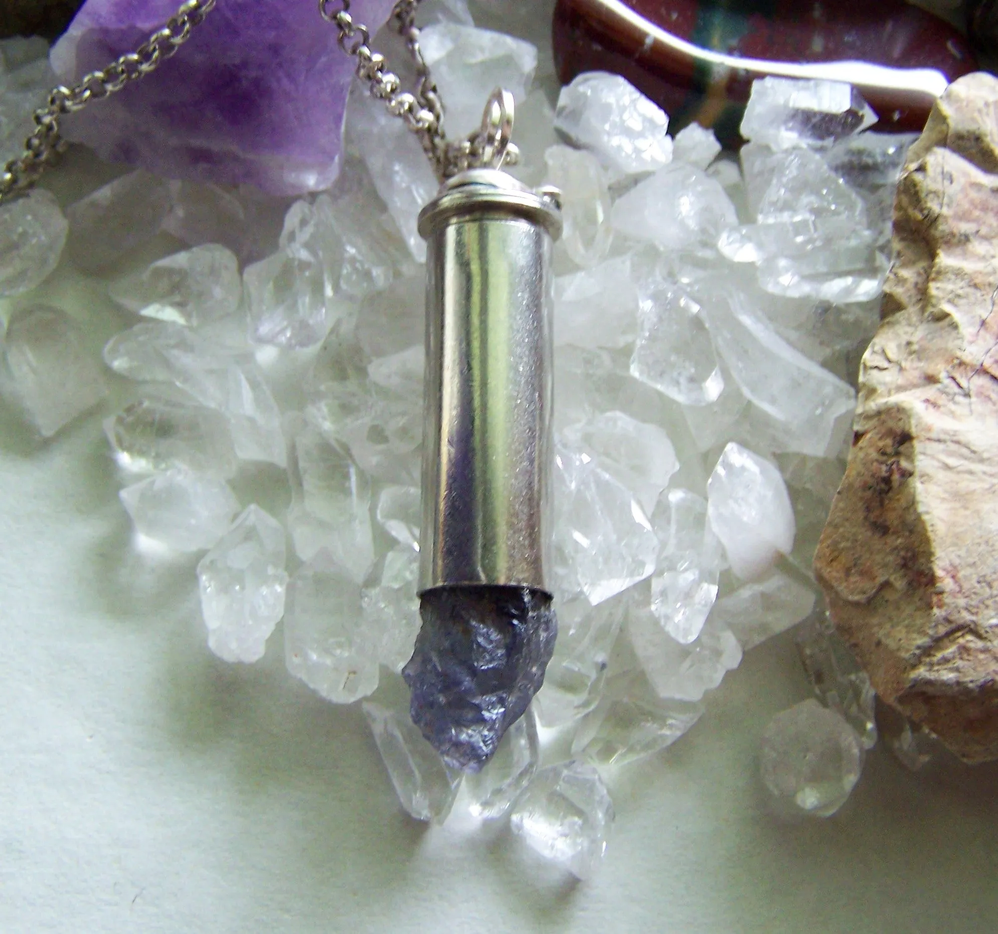 Natural Iolite Indigo Gemstone Crystal Bullet Pendant Necklace