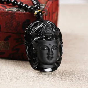 Natural Obsidian Buddha Pendant Necklace Obsidian Stone Necklace Obsidian Crystal