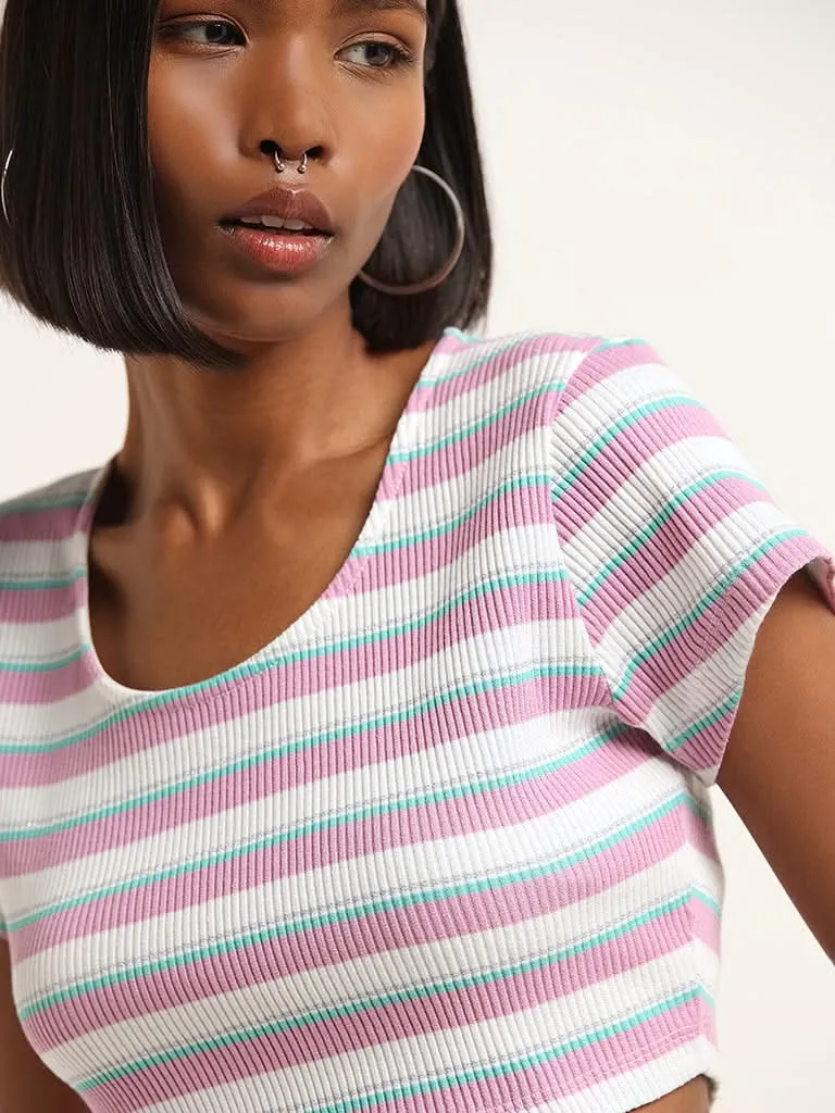 Nuon Lilac Striped Cotton Blend Crop Top