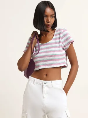 Nuon Lilac Striped Cotton Blend Crop Top