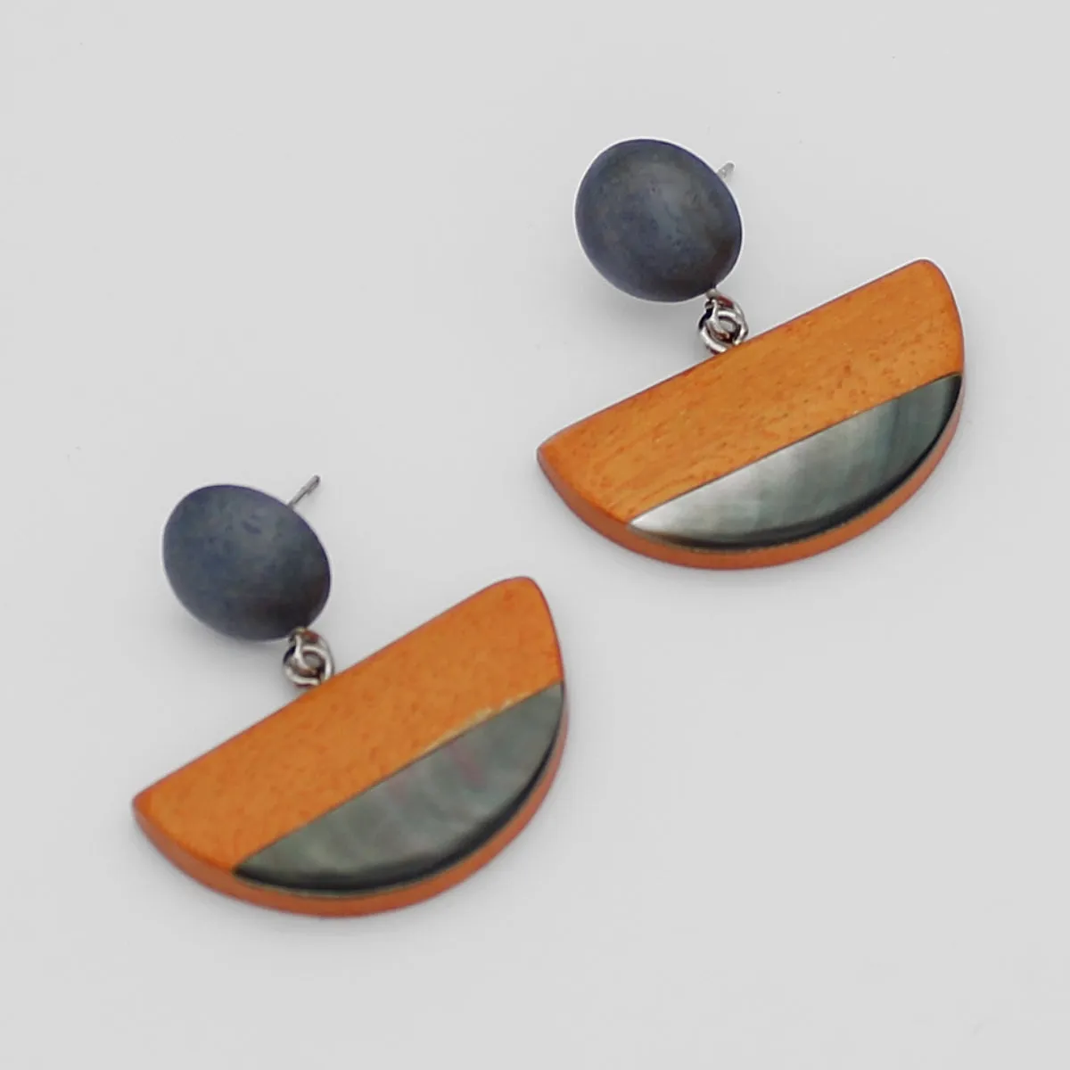 Orange Wood and Shell Half Moon Earrings